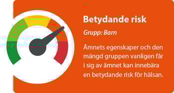 Livsmedelsverkets Risktermometer visar risken med ett ämne på en femgradig skala: Ingen risk, Obetydlig risk, Måttlig risk, Betydande risk och Hög risk. Denna bild visar att egenskaperna hos ämnet dioxin och den mängd barn får i sig kan innebära en betydande risk för hälsan.