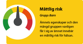 Livsmedelsverkets Risktermometer visar risken med ett ämne på en femgradig skala: Ingen risk, Obetydlig risk, Måttlig risk, Betydande risk och Hög risk. Denna bild visar att egenskaperna hos ämnet arsenik och den mängd barn får i sig innebär en måttlig risk för hälsan.