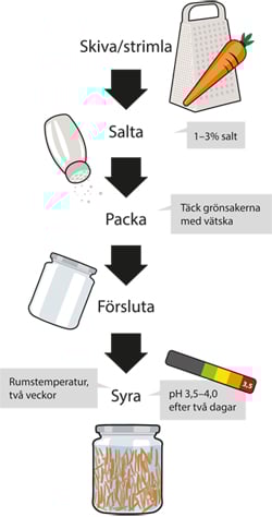 Flödesschema över stegen i syrning - skiva och strimla, salta, packa, försluta,syra