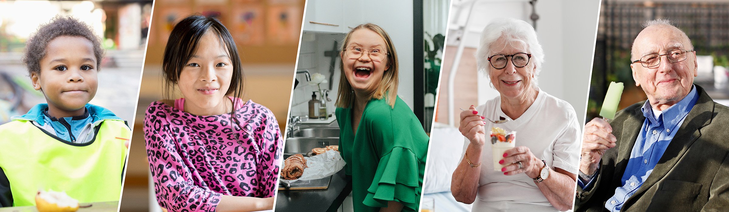 5 porträttbilder på människor i olika ålder som omfattas av offentliga måltider
