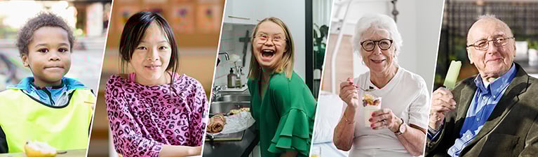 5 porträttbilder på människor i olika ålder som omfattas av offentliga måltider